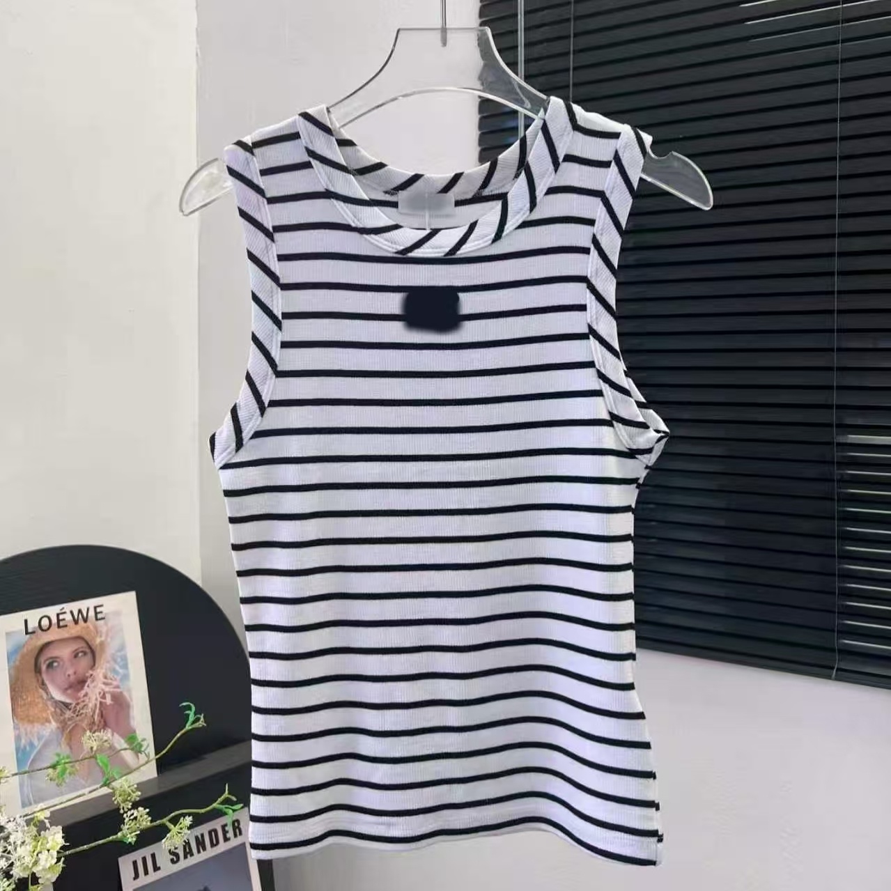 Women's Striped Ribbed Cotton Tank Top Embroidered Sleeveless Casual Slim Fit Summer Basic Vest