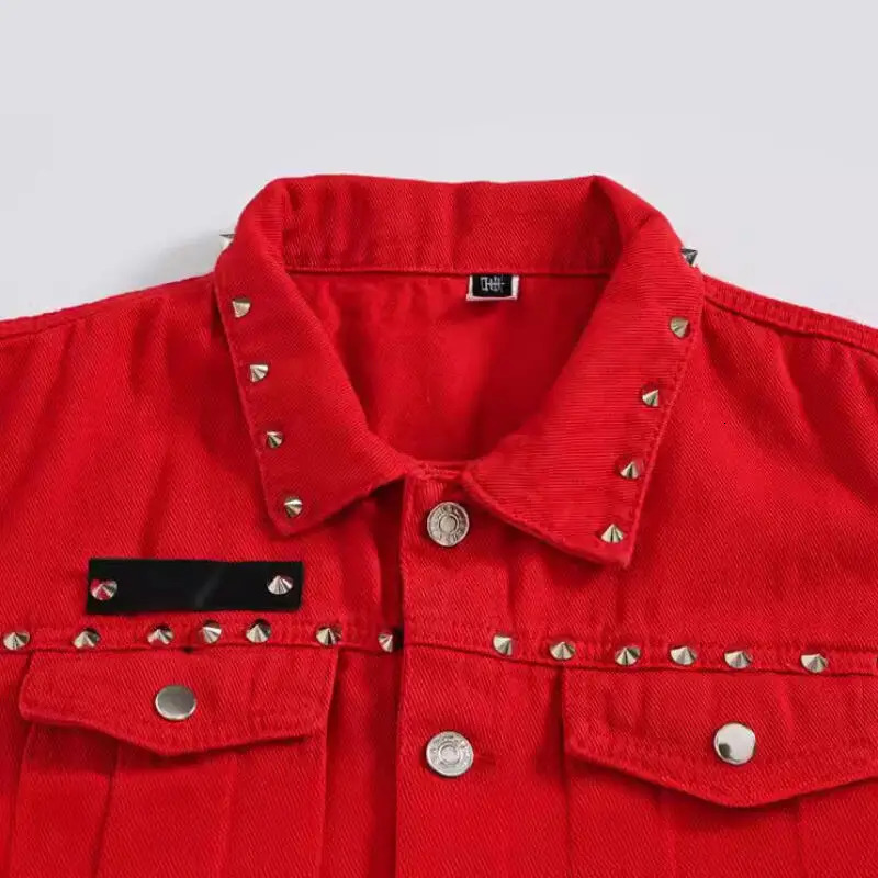 2026 Spring Fashion Men Red Denim Vest Rivets Studded Sleeveless Jacket Casual Waistcoat Cotton Cowboy Hip Hop Streetwear 260611