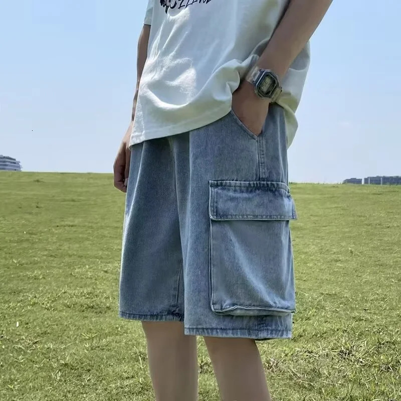 Summer Mens Multipocket Baggy Cargo Jorts Solid Color Breathable Straight Denim Shorts Distressed Retro Y2K Streetwear Bermuda 260609