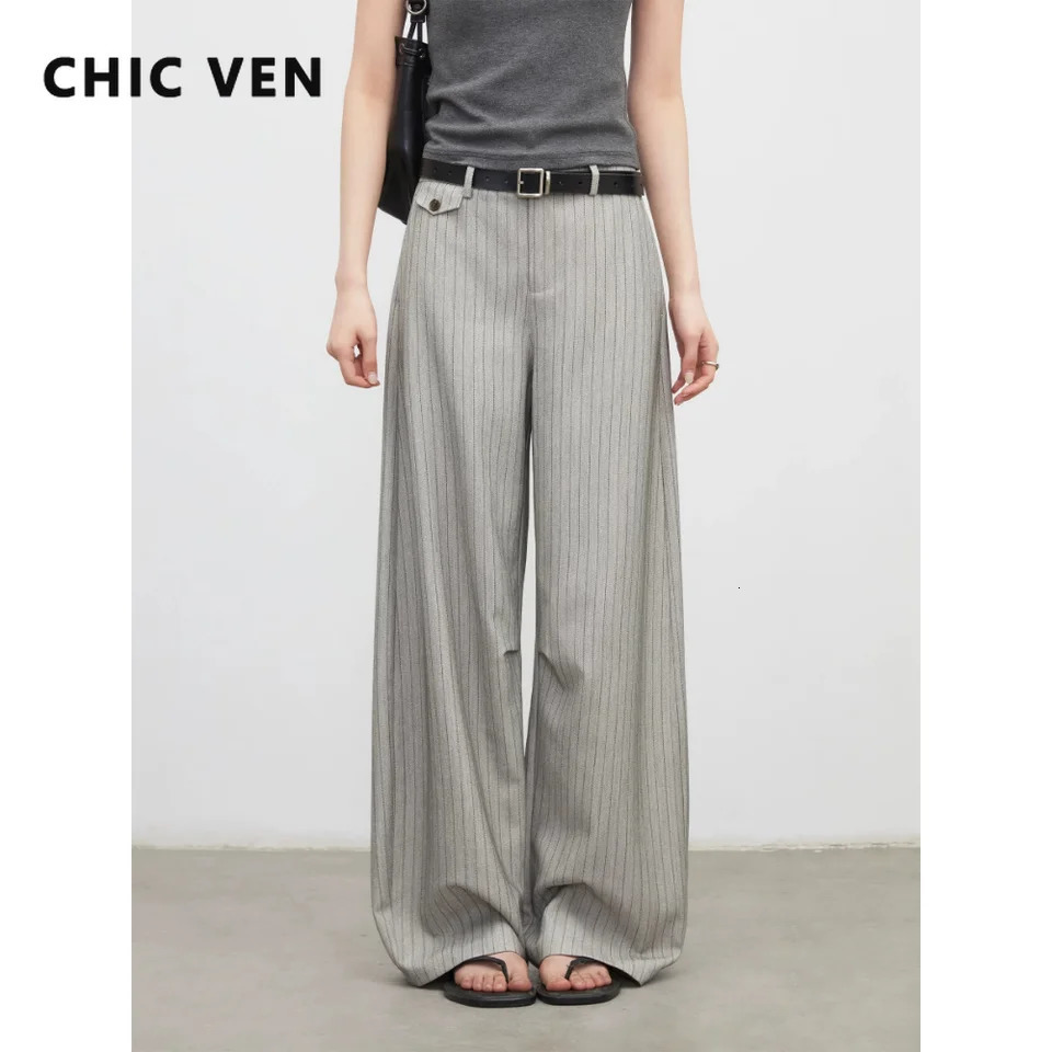 CHIC VEN Fashion Women Trousers Loose Casual Herringbone Office Ladies Wide Leg TR Suit Pants Side Pocket Spring Summer 2026 260612