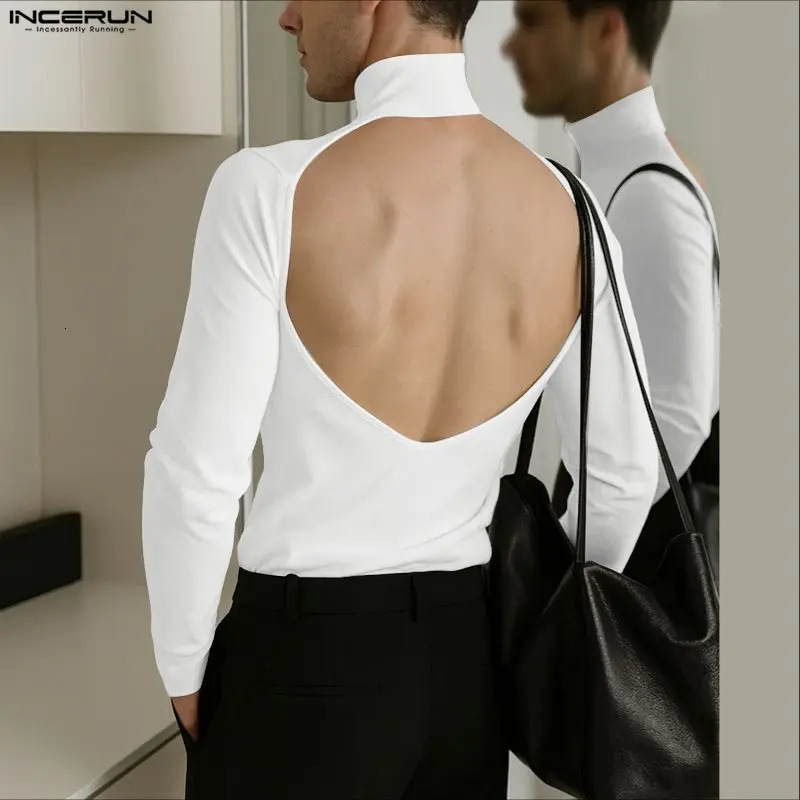 INCERUN Men T Shirt Solid Color Turtleneck Long Sleeve Hollow Out Backless Male Tee Tops Streetwear Fashion Casual Men Clothing 260612