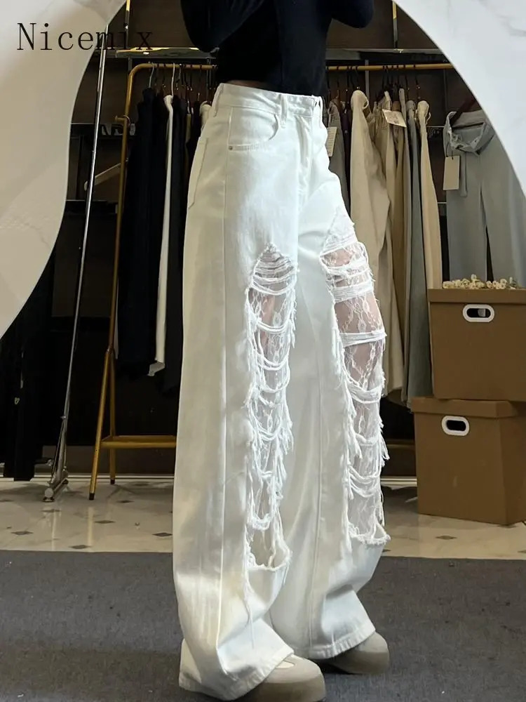 Nicemix American Trendy Lace Patchwork Straight Leg Ripped Jeans for Women Summer White Thin High Waist Loose Casual Pants 260608