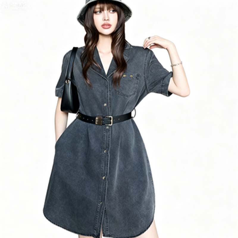 Designer Luxury Women's Vintage Monogram Print Two Piece Set Short Sleeve Button Down Shirt High Waist A Line Midi Skirt Denim Shirt Dress Eleg
