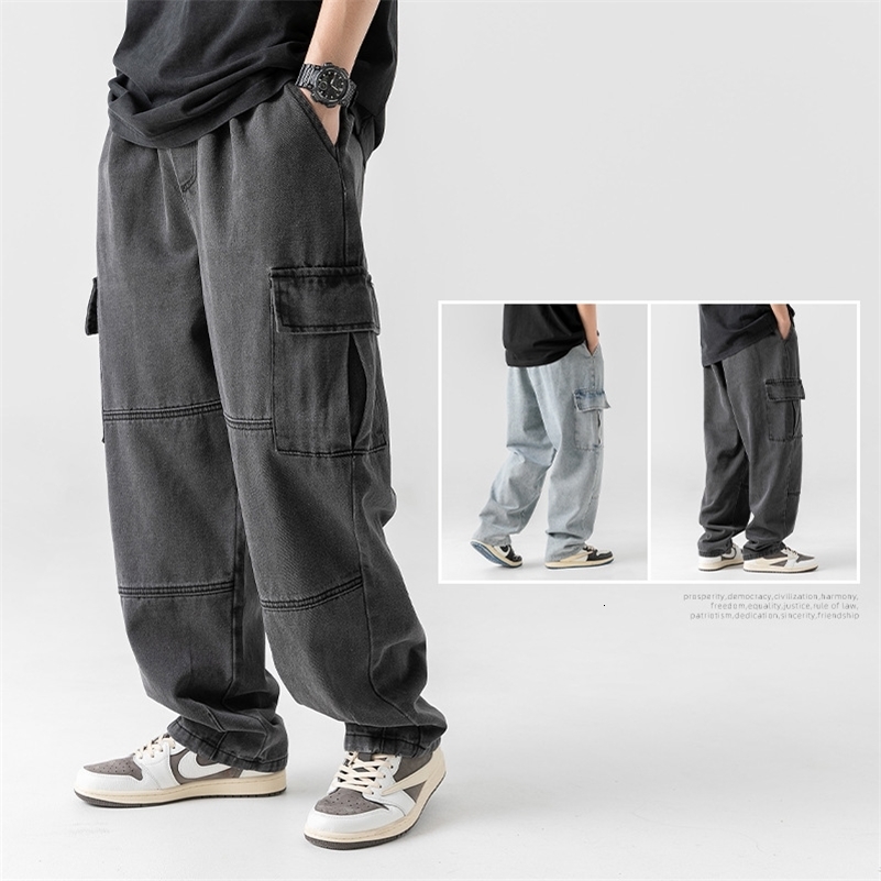 Korean men clothing Japanese style threedimensional pocket jeans spring retro vintage washed water workwear mens pants y260604