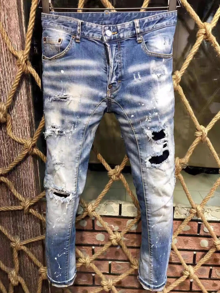 Mens Ripped Jeans Distressed Elastic Slim Pencil Fit Denim Pants Paint Splatter Streetwear Y2K High Street Biker Trousers 260611