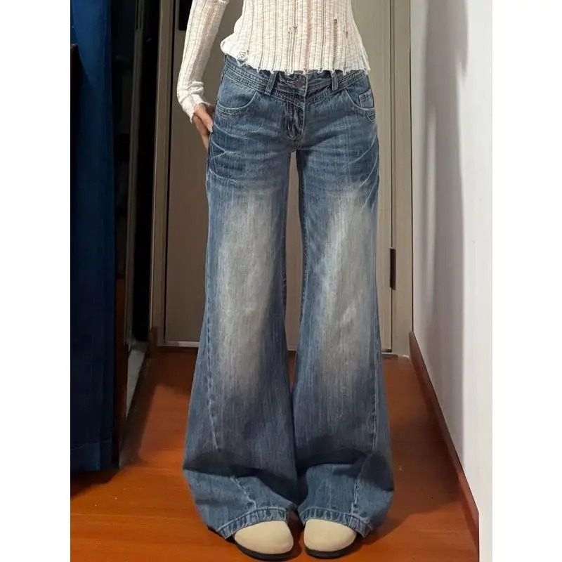 American Vintage Edgy Low Waist Washed Jeans Women Lightning Crack Flared Wide Leg Floor Length Versatile Denim Pants 260612