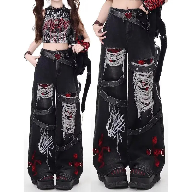 Y2k Jeans casual strappati da ragazza in stile americano per donna pantaloni larghi a vita alta larghi e dal taglio dritto 260611