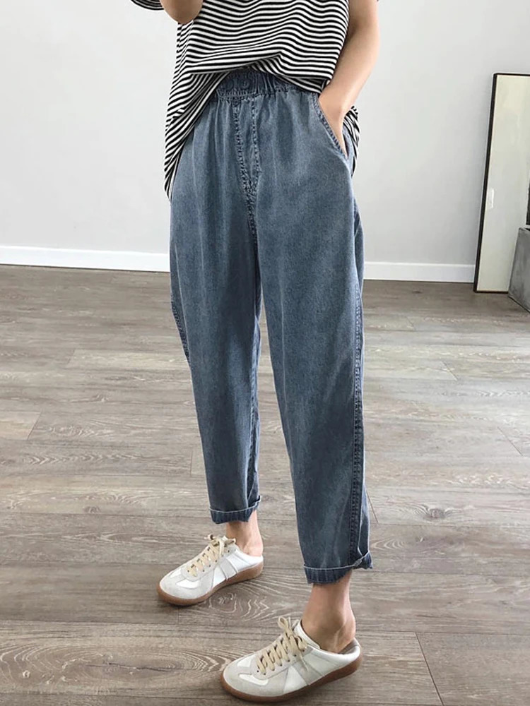 Summer Plus Size Jeans Woman Casual Loose Baggy Denim Harem Pants Elastic Waist Thin Cotton Mom Women AnkleLength Slacks 260611