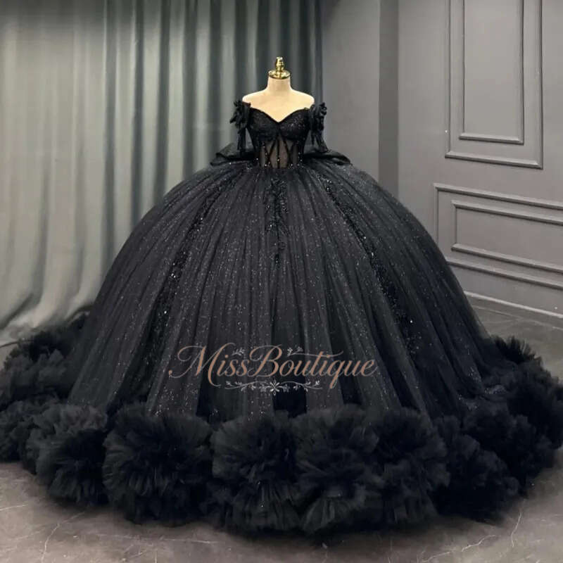 Black Shiny Quinceanera Dresses Off The Shoulder Applique Lace Beading Crystal Bow Tiered Tull Corset Party Birthday Sweet 16 Dress Vestidos 15 De A