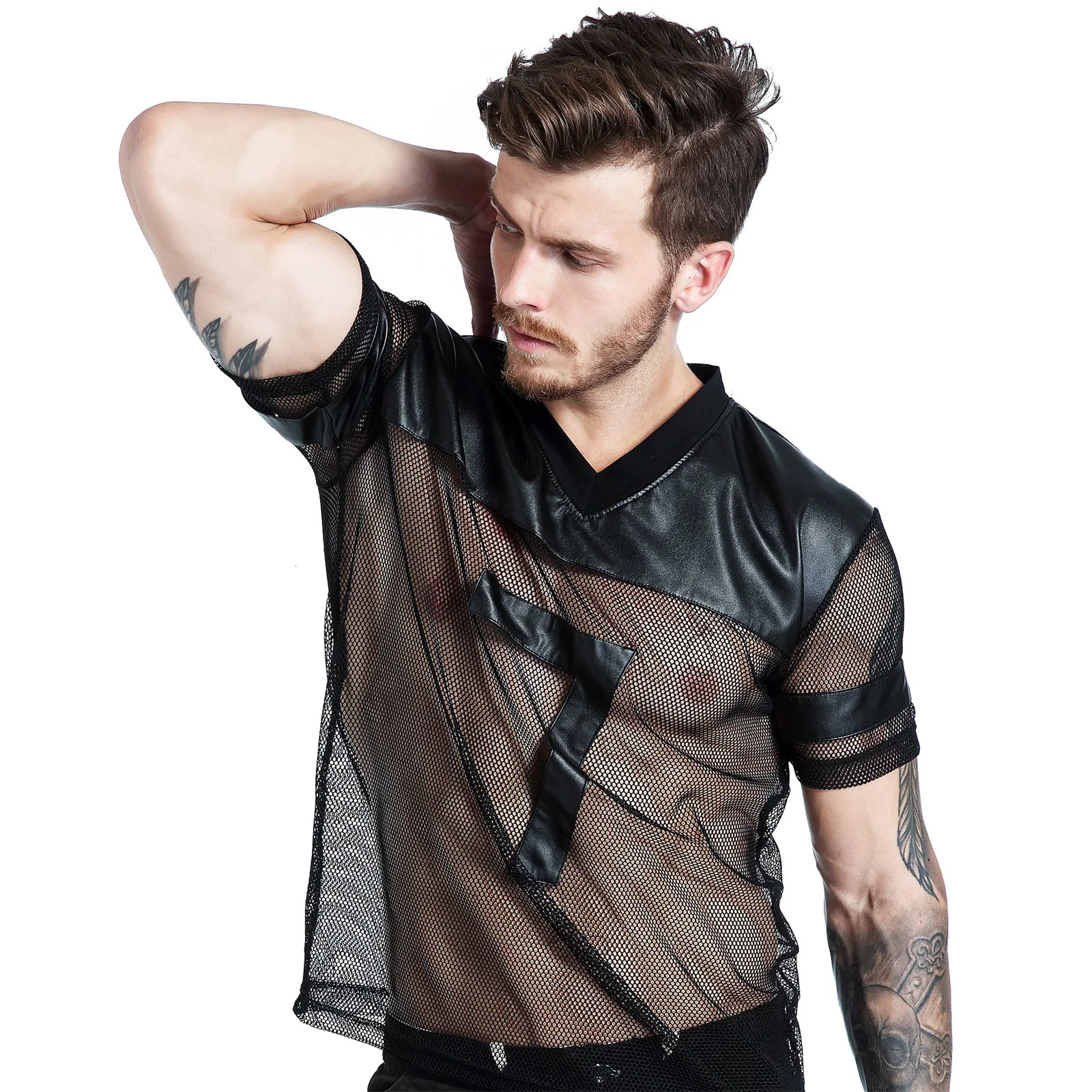 Sexy Men Fishnet T-Shirt PU Faux Leather Mesh Shirts See Through Tops Tee Transparent Short Sleeve Stage Clubwear 260612