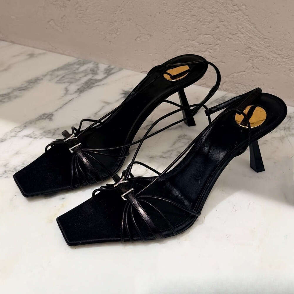 Designer Summer New Crystal Buckle Strappy Sandals for Women Square Toe Thin High Heel Sandals Fashion Elegant Lady Wedding Dress Shoes