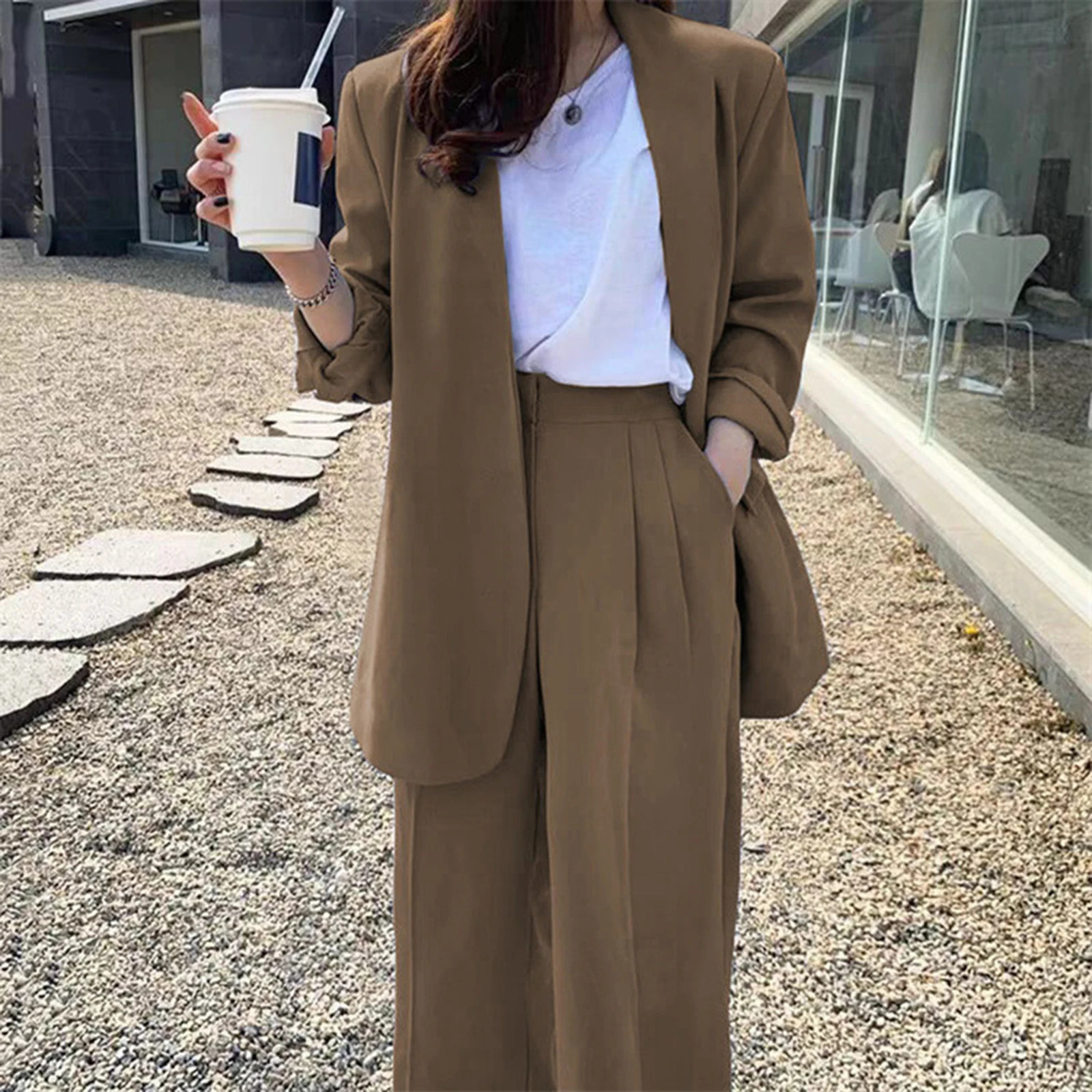 Wide Leg Suit Pants Set Elegant Women Business Suit Set Cardigan Jacket High Waist for Professional Lady Formal Coat Pants Set 260610