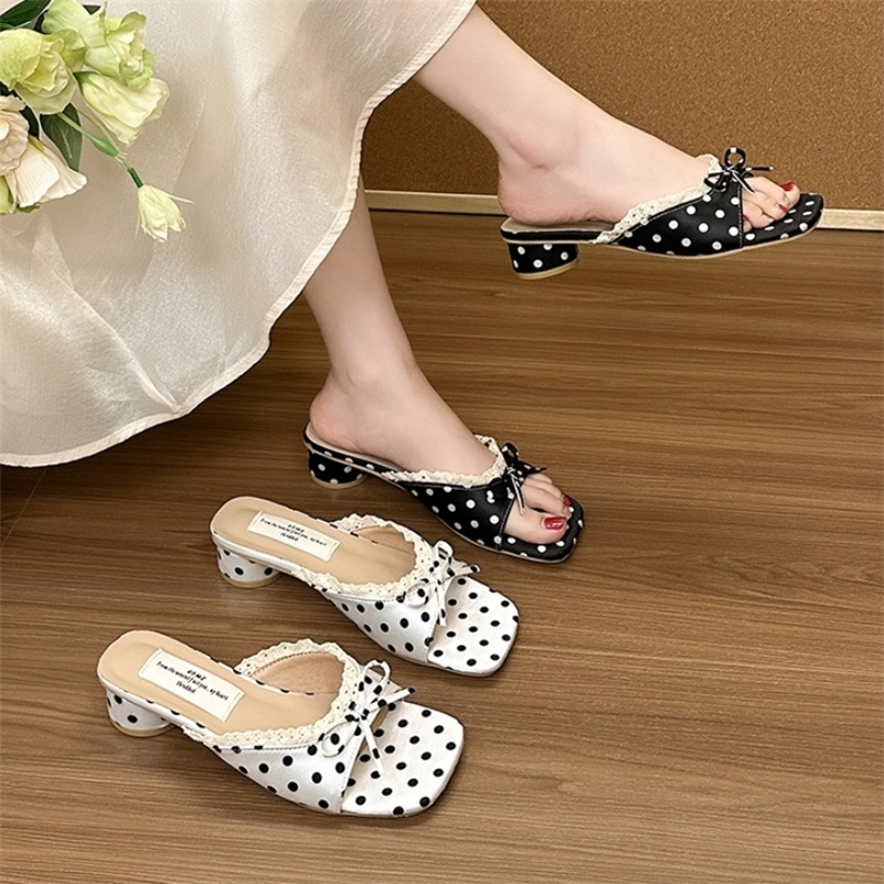 Polka Dot Summer Open Toe Women Slippers Concise Thick Heel Dress Shoes Outdoor Butterfly-knot Vacation Slides Shoes 260612