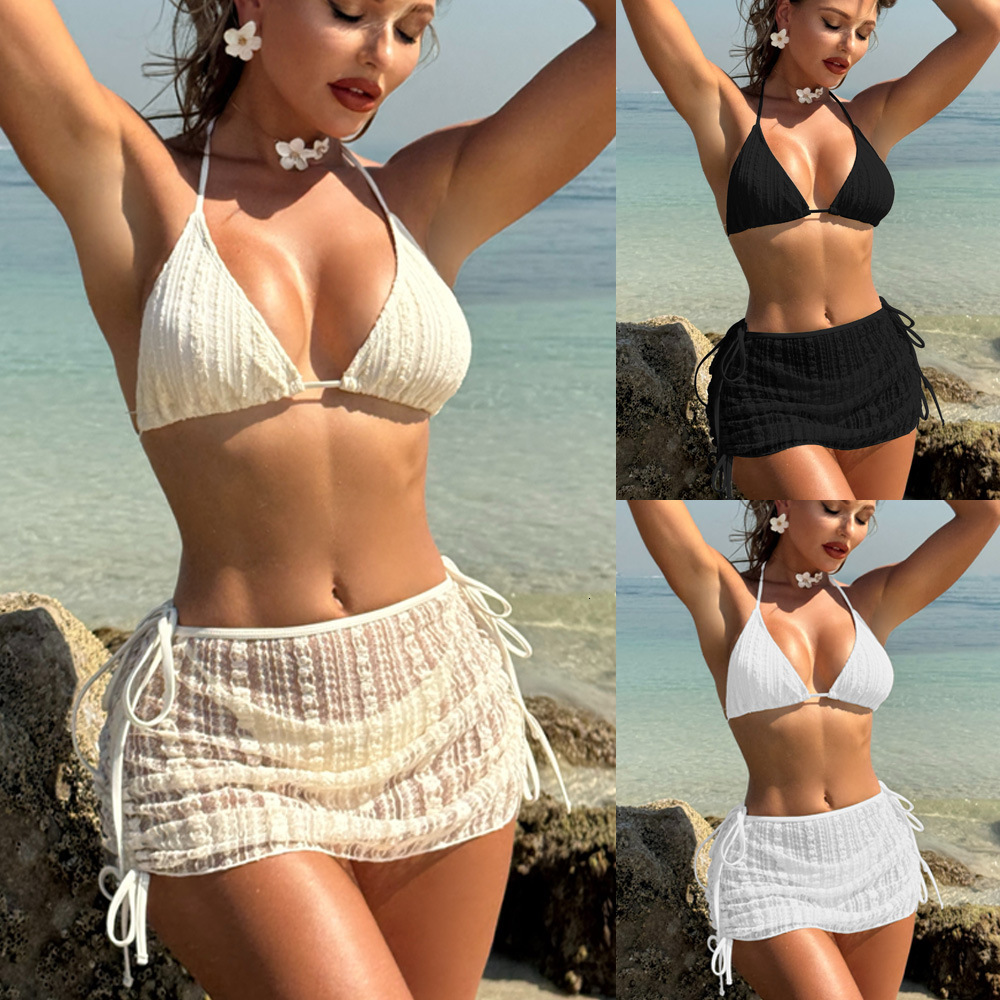 Free shipping In stock 2026 fashion sexy new solid color two-piece swimsuit women's three-piece set bikini swimwear