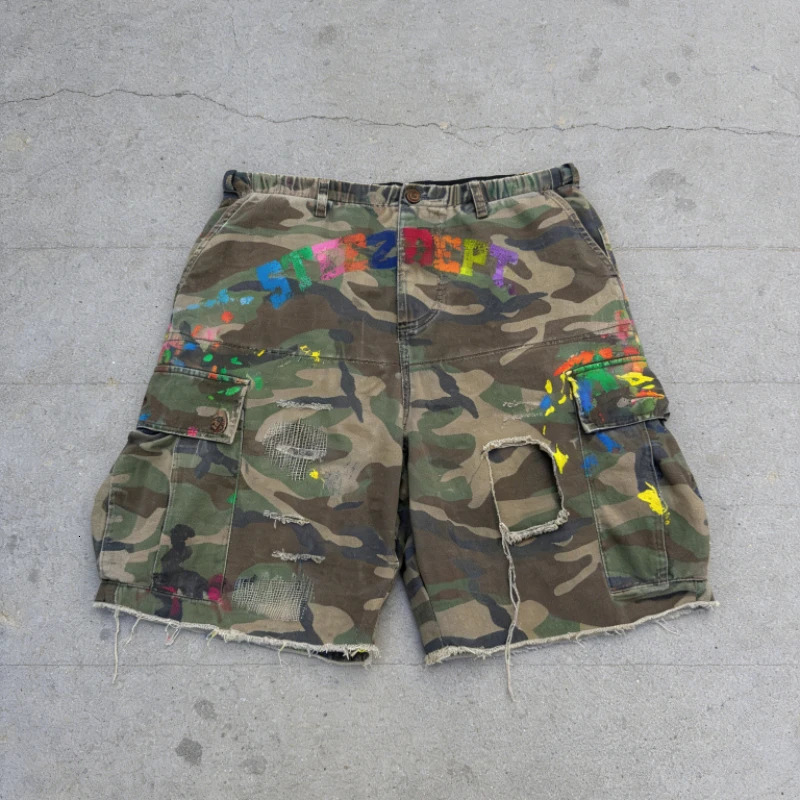 Y2K American Cargo Shorts Paint Splatter Camouflage Pattern Bottom Trendy Retro Hip Hop Streetwear Unisex Baggy Short Pants 260612