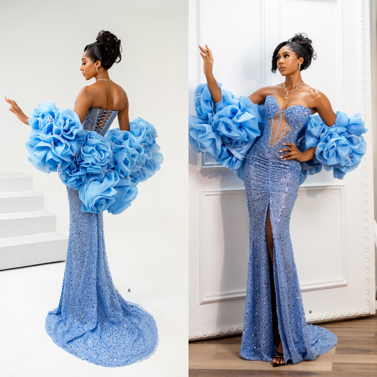 Stylish Evening Dresses Strapless Pearls Mermaid Prom Dress Cape Sequins Sleeveless Front Split Customized Party Gown Vestidos De Noche Plus Size