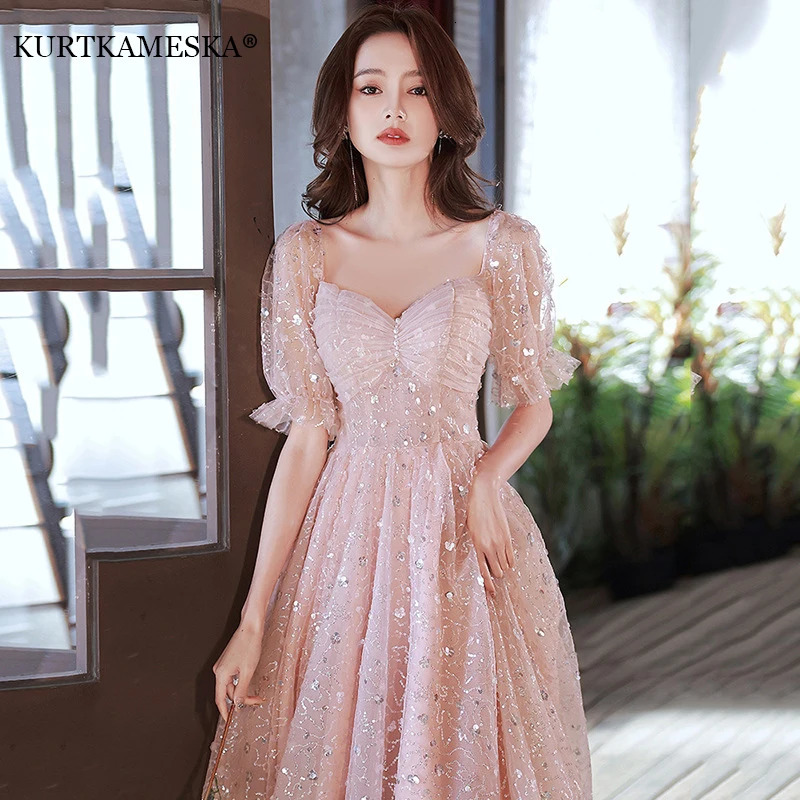 Pink Evening Prom Dresses for Women Sparkling Lantern Sleeve Summer Sexy Middle Party Birthday Ball Gown Dress Formal Vestidos 260611