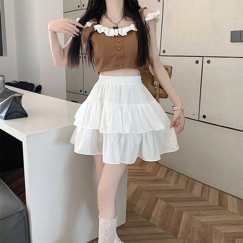 Skirt Ruffles A-Line Sweet Pleated White Women Hottie Preppy Style Elastic Waist Slim Thin Simplecasual Summer M260612