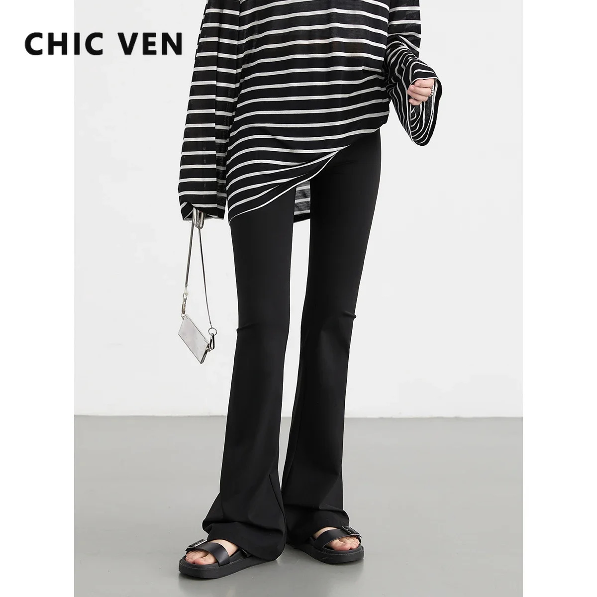 CHIC VEN Women Long Pants Slim High Waisted Elastic Casual Pant Female Black Flared Trousers Yoga Clothing Autumn 2026 260611