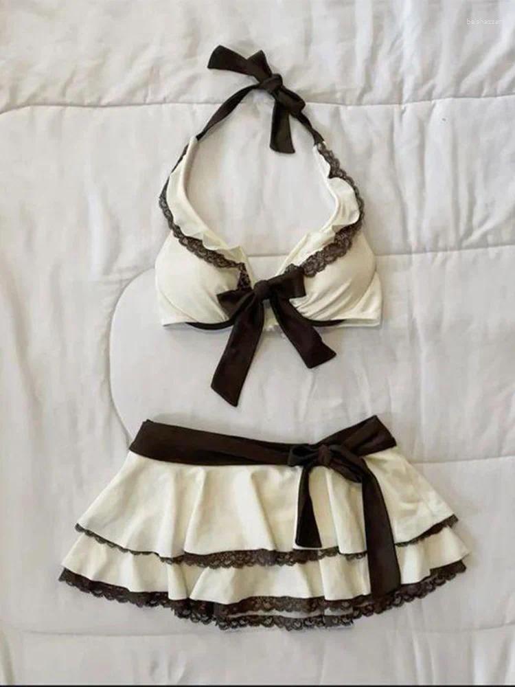Women's Swimwear Summer BeigeLace Trim Bow Halter Skirted Bikini Set Beach Pool Vacation Cute Sweet Slim Y2K Trendy Swimsuit