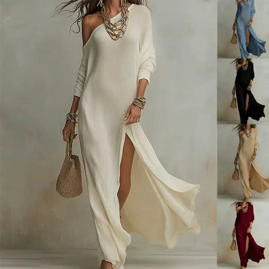 2026 European and American Summer Style Elegant Longsleeved Knitted Pleated Split Womens Dress 260612