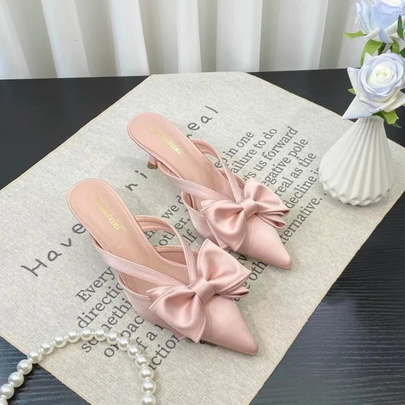 Fairy Style Pink Cool Slippers for Womens Summer French Pointed Bow Hollow High Heels Half Wrapped Womens Slippers 260612
