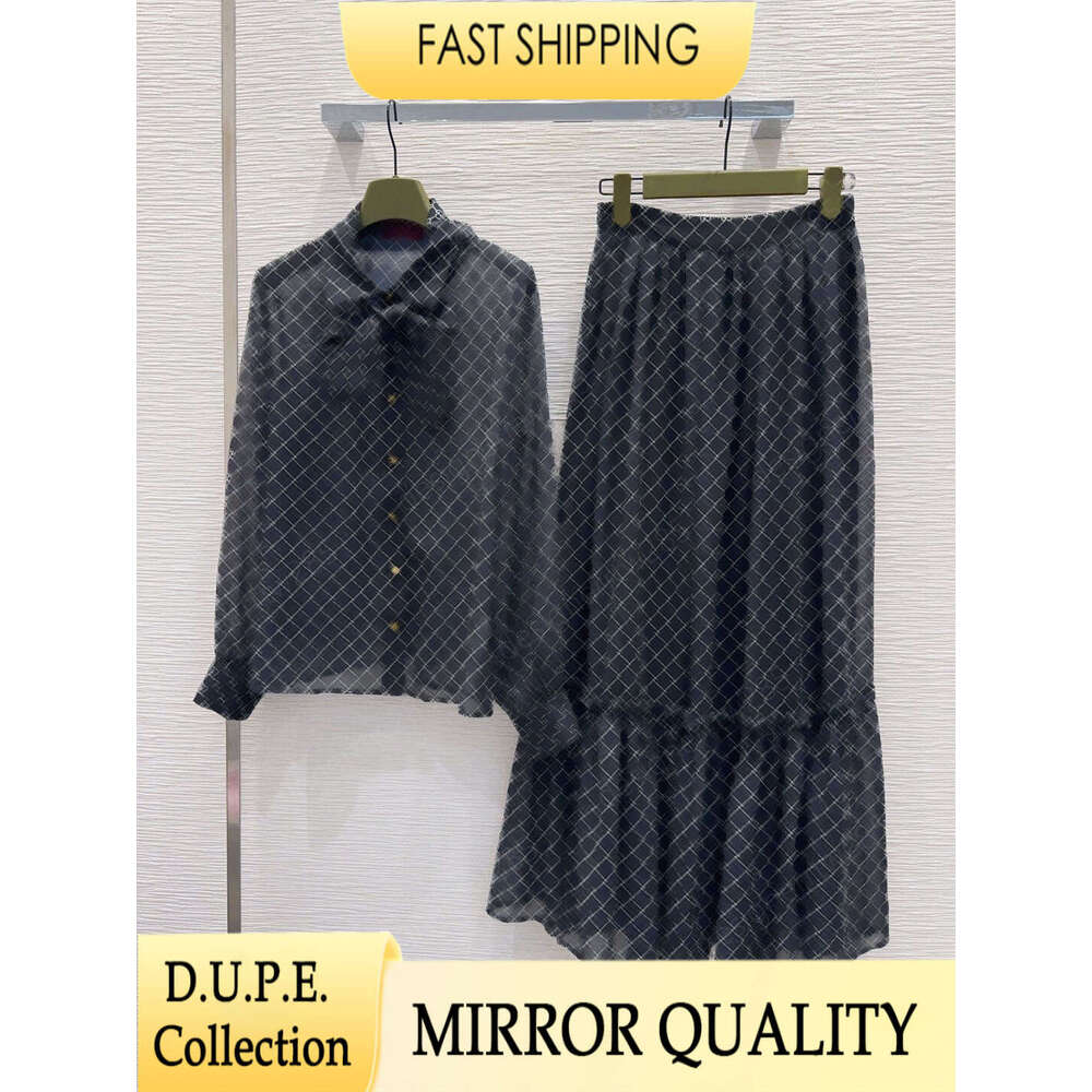 Designer Luxury G Monogram 2 Piece Skirt Set Women Vintage Bow Tie Blouse Shirt and Long Pleated Skirts Tracksuits Suit High Quality Summer Outfi-image-1110302994