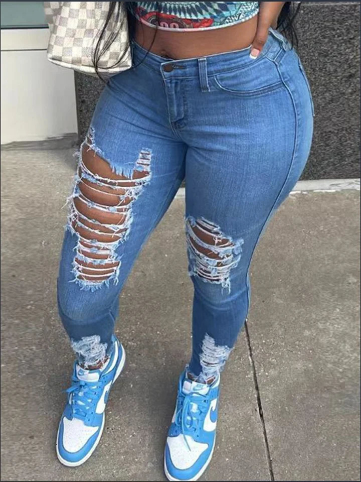 Womens Pocket Ripped Pants High Street Fashion Casual Autumn Solid Color Personalized jeans 260609