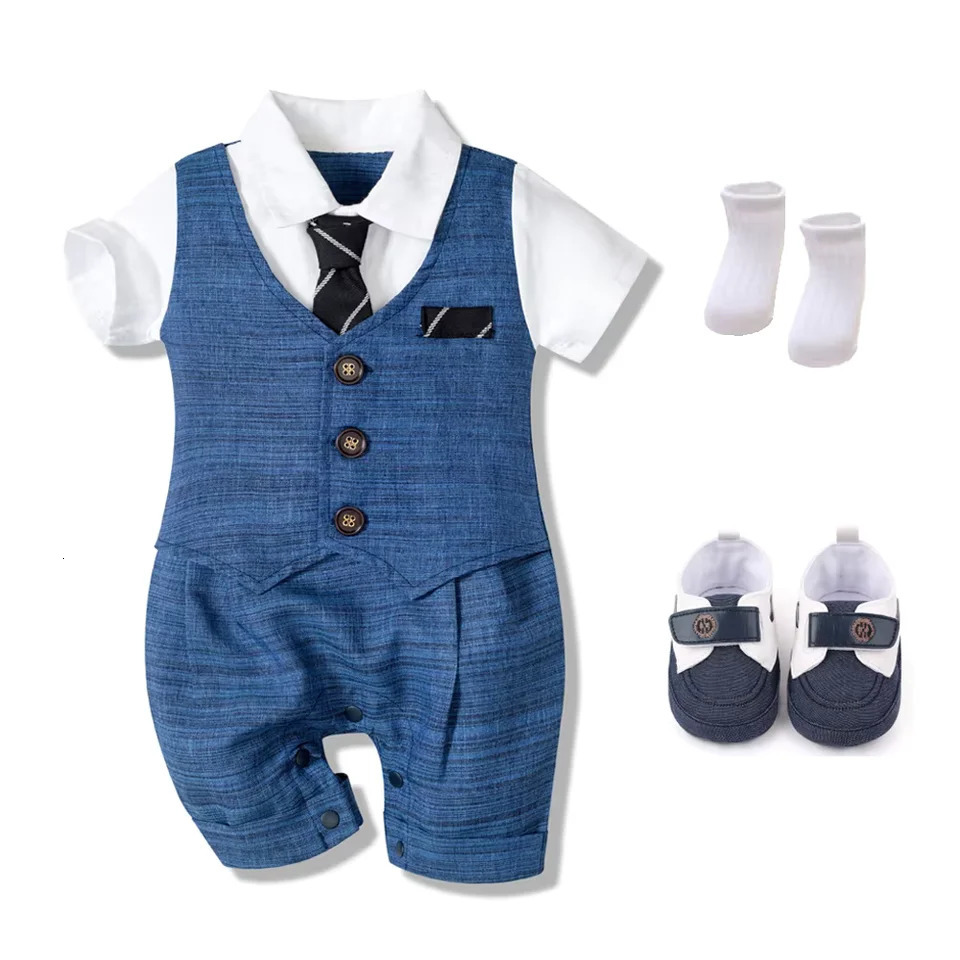 Traje de mameluco de bebé de verano Ropa formal para niños nacidos Mono para niños Zapatos Calcetines Traje de 3 piezas Traje azul 260612