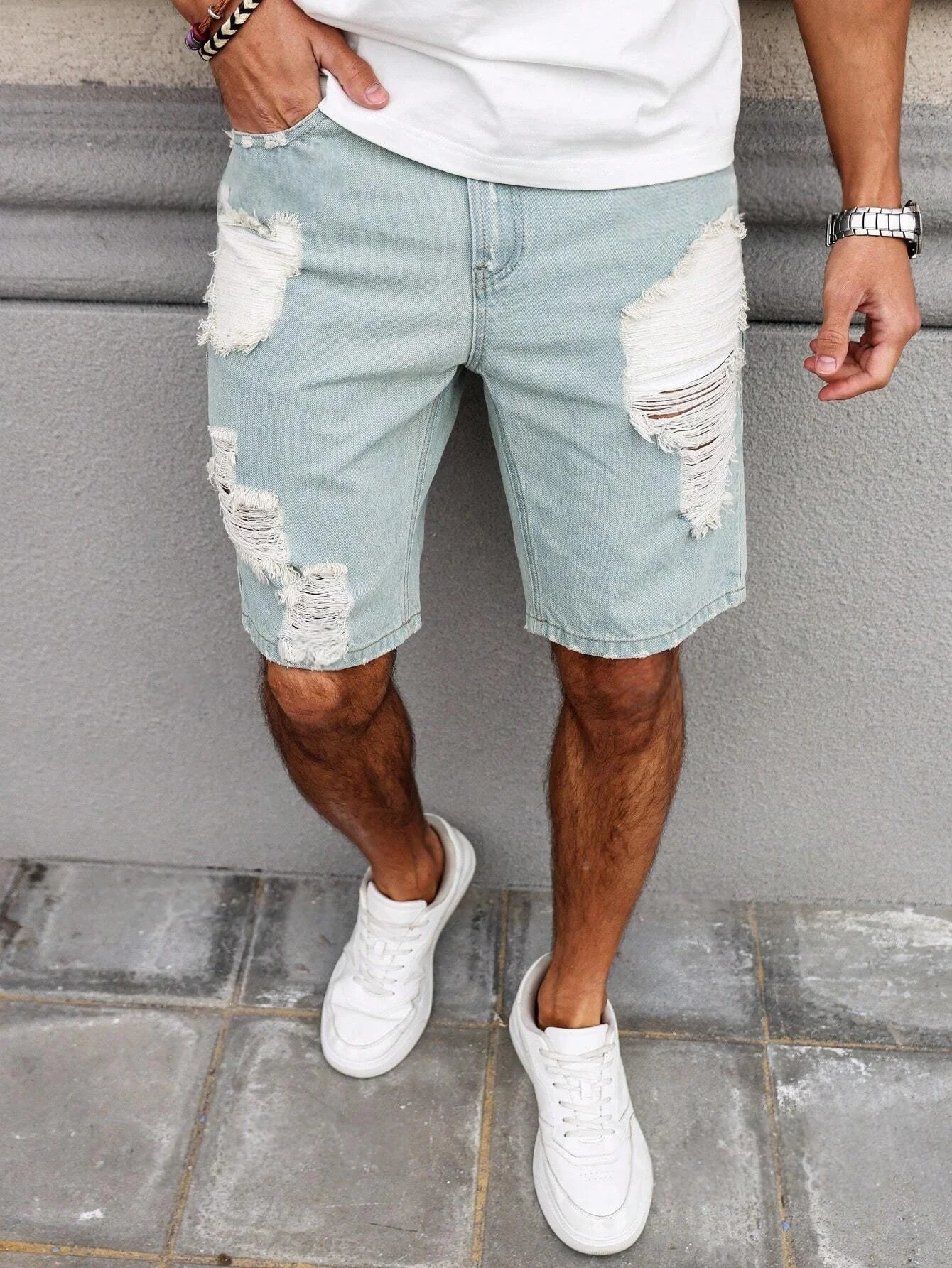 Mens Light Blue Ripped Denim Shorts Summer Casual Streetwear Loose StraightLeg 260612