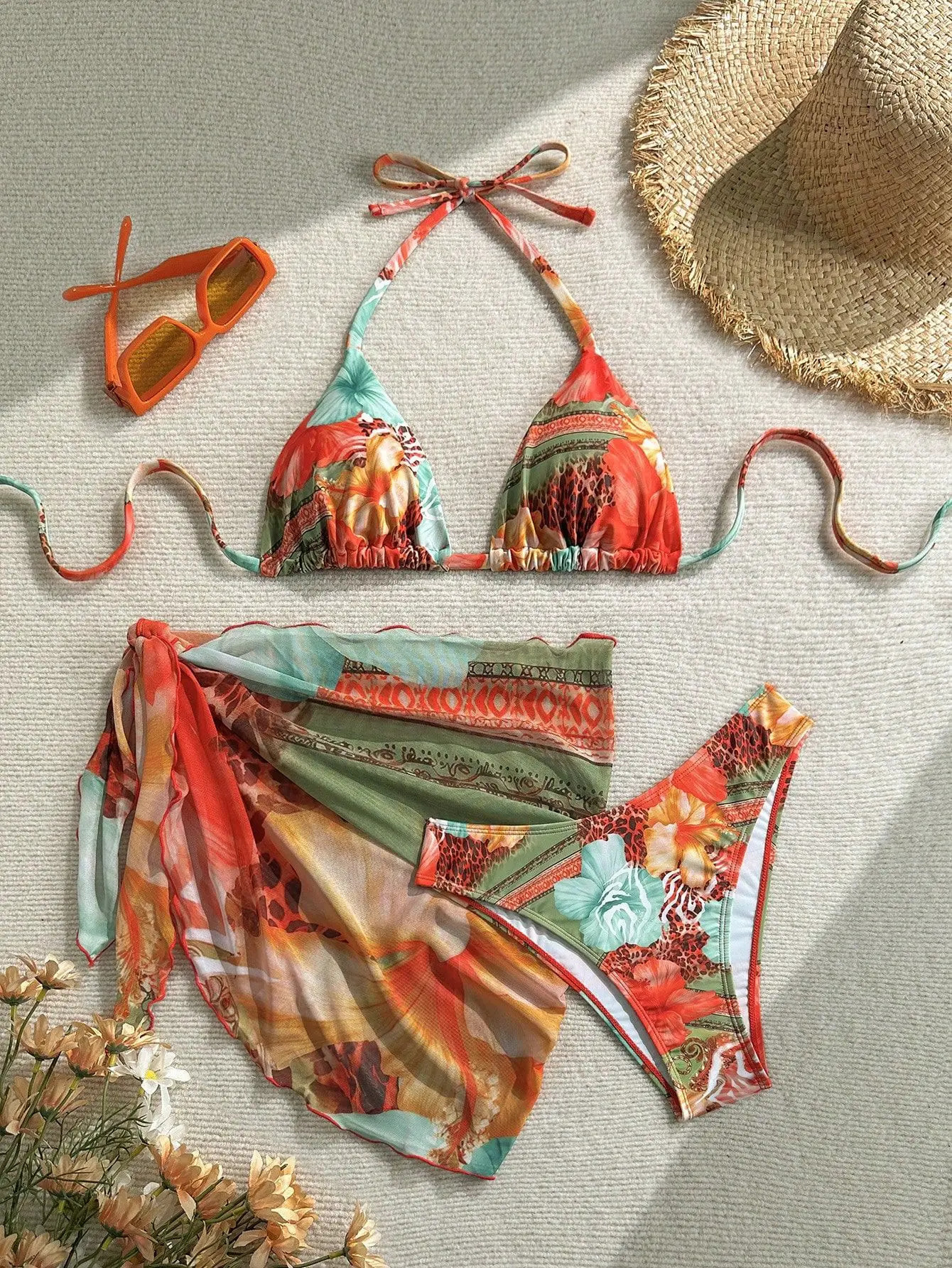 Sexy Skirt 3 Piece Bikinis Sets 2026 Women Orange Floral Tiger Print Push Up High Waist Swimsuit Bathing Suit Swimwear Biquini 260612