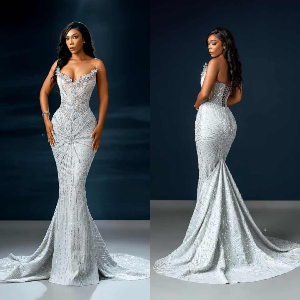 Exquisite Sequins Mermaid Prom Dresses Sleeveless Sweep Train Evening Gown Celebrity Party Customized Vestidos De Gala