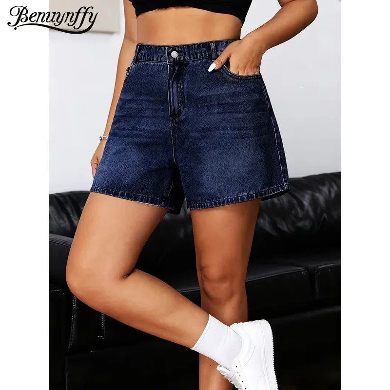 Benuynffy Plus Size Retro Deep Blue Elastic Washed Denim Shorts Women Summer Y2k Streetwear High Waisted Loose Jean 260612