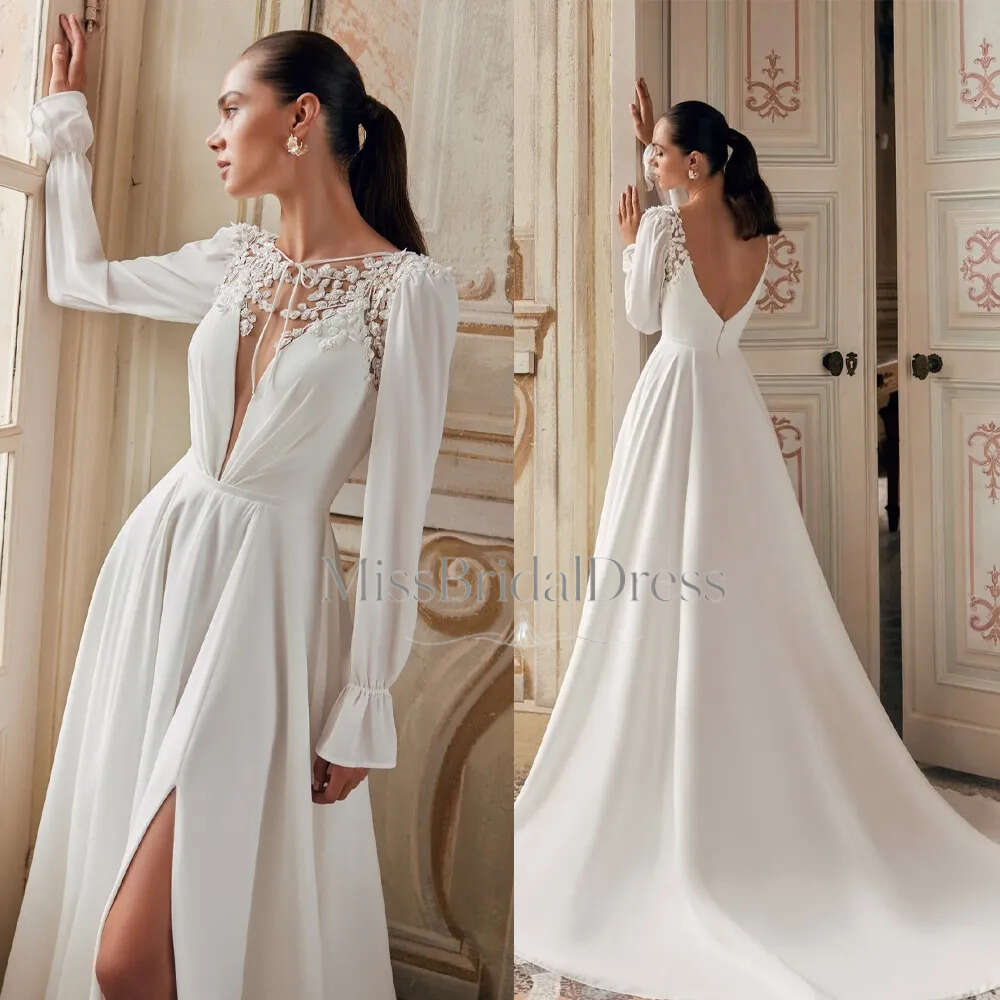 Elegant Mermaid Wedding Dresses V Neck Long Sleeves Appliques Lace Bridal Gowns Customized High Side Split Backless Sweep Train Vestidos Mb612