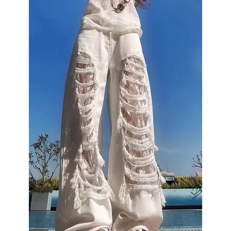 Jeans da strada retrò tinta unita con fori semplici in pizzo femminile scavato Pantaloni lunghi a tubo dritto con gambe larghe avanzate 260608