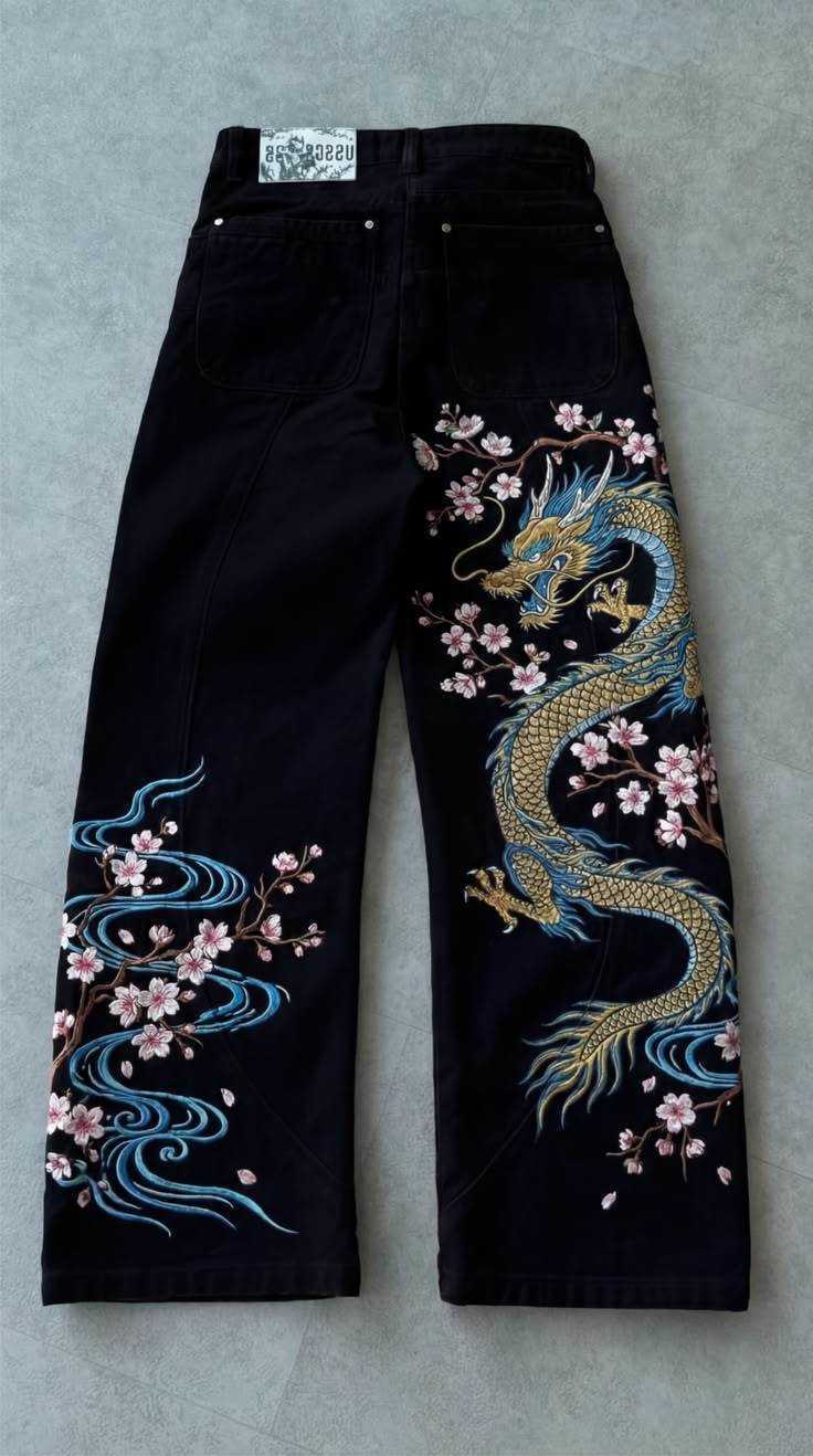 New Retro Black Denim Wide Leg Pants Mens and Womens Gold Dragon Embroidered Y2K Street Hip Hop Oversized Loose Trendy Jeans Q260612