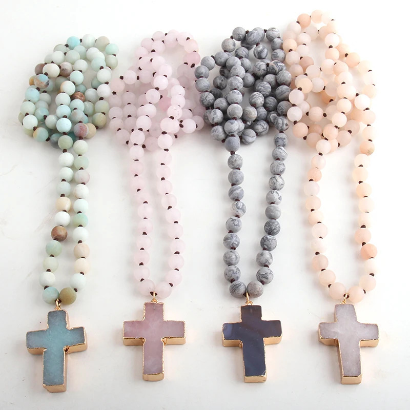 RH Fashion Bohemian Tribal Jewelry 8mm Natural Stones Knotted Stone Cross Pendant Necklaces Women Ethnic Necklace 260610