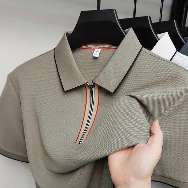 High end ice silk short sleeve polo shirt comfort breathable mens T-shirt summer striped n business casual top 260610