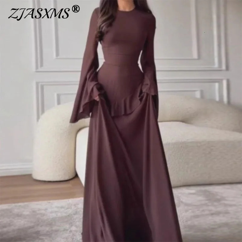 Robes for Woman Elegant O Neck Solid Ruffles Party Pleated Dress Spring Autumn Flare Sleeve Tie-up Slim Female Clothing Vestidos 260610