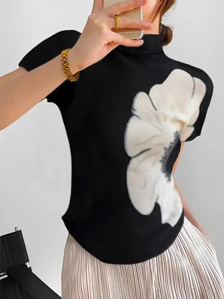 Missuoo Fashion Womens Tshirt Flower Printed High Neck Short Sleeve Shirt Top Summer Stylish Casual Tees for Female 260612
