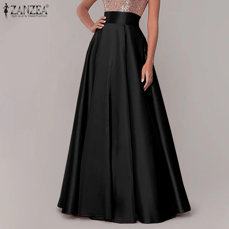 ZANZEA Women Satin Silk Black Maxi Long Skirts Elegant y High Waisted ALine Party Jupe Femme with Back Zipper Faldas Mujer 260611