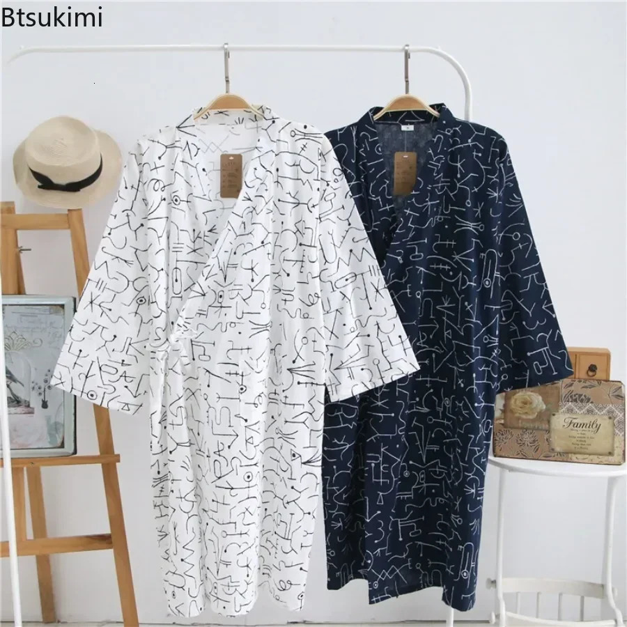 2026 Mens Pajamas Robes Cotton Half Sleeve Blue White Colors Leaves Printing Summer Bathrobe Jacquard Men Clothes 260611