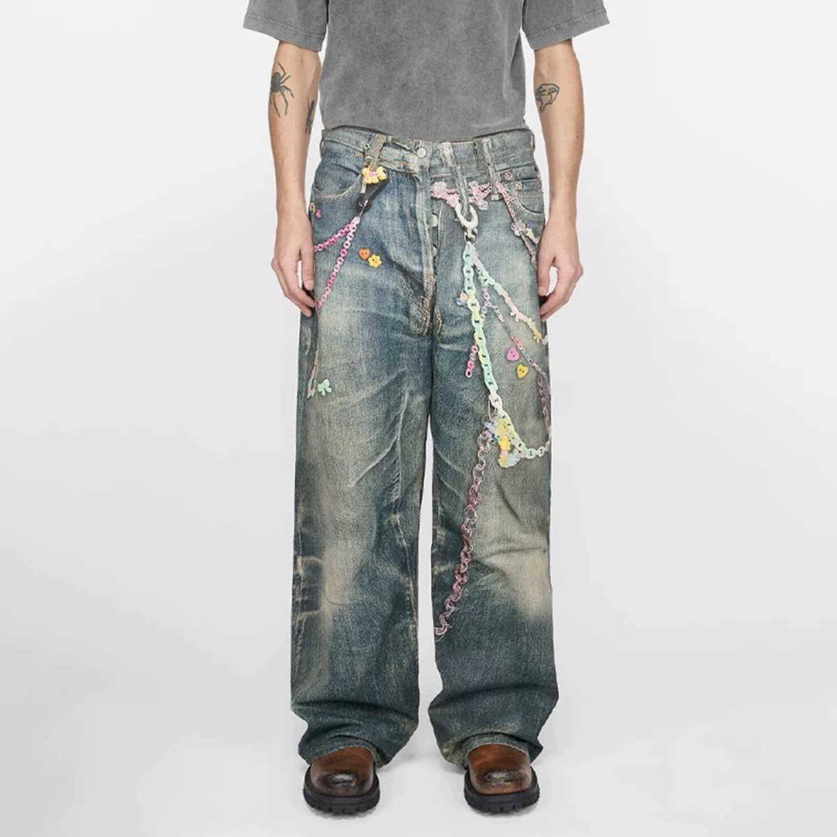 Jeans larghi lavati con catena a colori vintage con stampa 3D per uomo e donna Pantaloni dritti in denim larghi Harajuku Pantaloni cargo oversize Q2