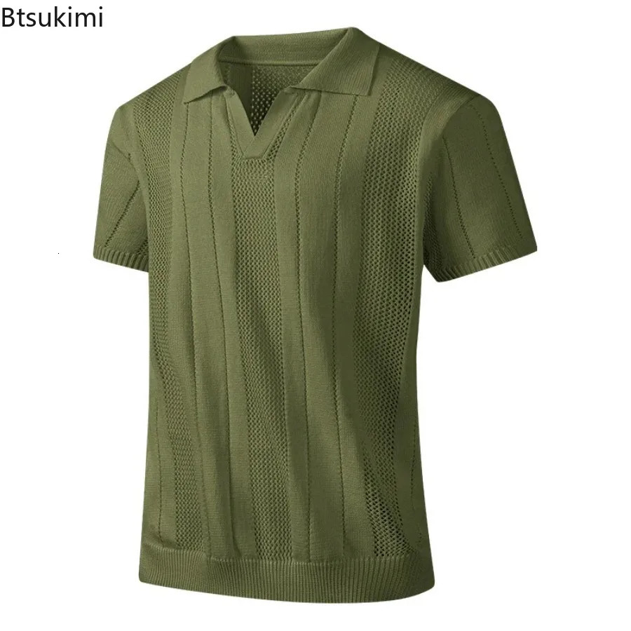 2026 Mens Fashion Short Sleeve Knit Polo Shirt TShirt Summer Casual Loose and Comfortable Color Blocked Hollow Top 260612