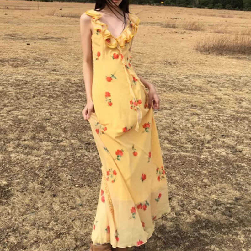 Dresses Casual Elegant Women Floral Print Slveless Strap Long Dress Summer Ruffles Split Party Dress Club Strtwear S260612