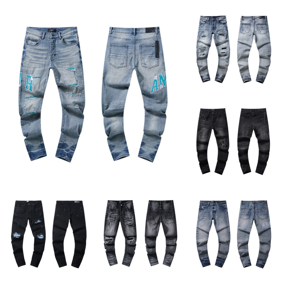 Designer Men's Jeans Luxurious Rock-style Distressed Ripped Patchwork Stretch Slim-fit Skinny Jeans Unisex