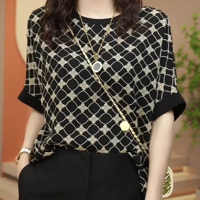 Vintage Fashion Summer Womens ONeck Printing Screw Thread Patchwork Batwing Sleeve Temperament Versatile Loose TShirts Tops 260612
