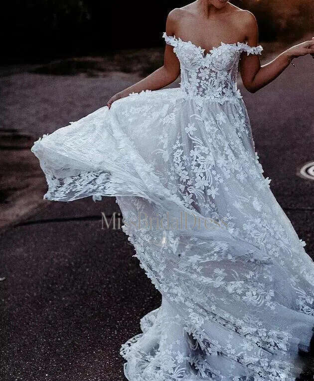 Dresses A Line Off Shoulder Bridal Wedding Gowns Lace Appliques Country Style Simple Cheap Petites Plus Size Custom Made Mb612