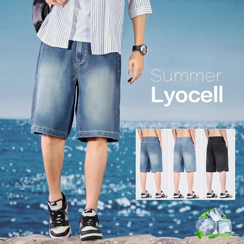 Summer Thin Mens Denim Shorts Lyocell Fabric Cool Baggy Straight Knee Length Pants Jeans Joggers Short Jorts Man Bermuda M4XL 260609BANJIA