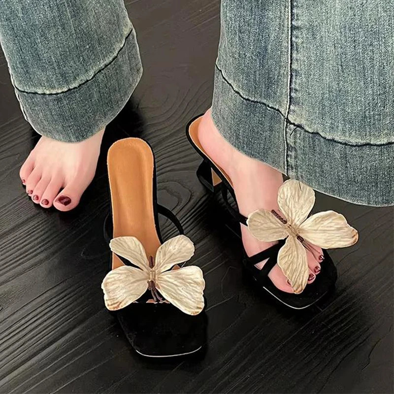 Butterfly Flip Flops Summers Open Toe Butterfly-knot Women Slippers Fashion Slip On Elegant Thick Heel Slides 260612